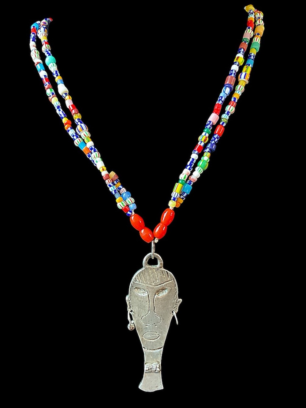 Vintage Sterling Silver African Trade Beads Statement Necklace 31” Face Pendant